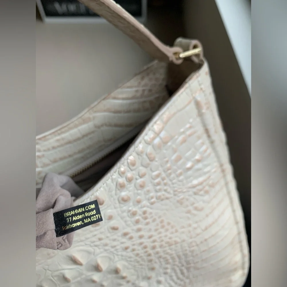 Brahmin Melbourne Vada Hobo Bag Leather Croc Embossed Cream Beige Spacious - Picture 12 of 14